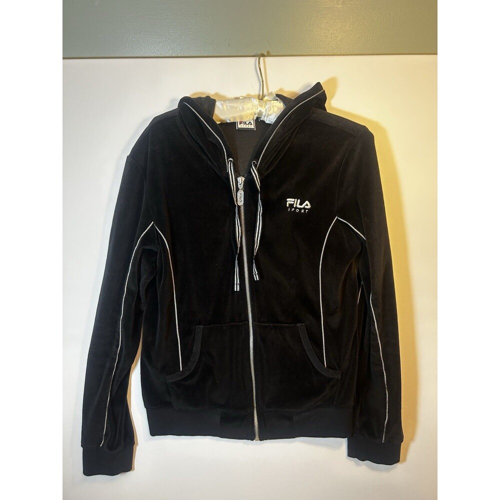 Fila Black Velour Zip Up Hoodie Track Jacket Coral White Stripe Womens Medium - Picture 2 of 16